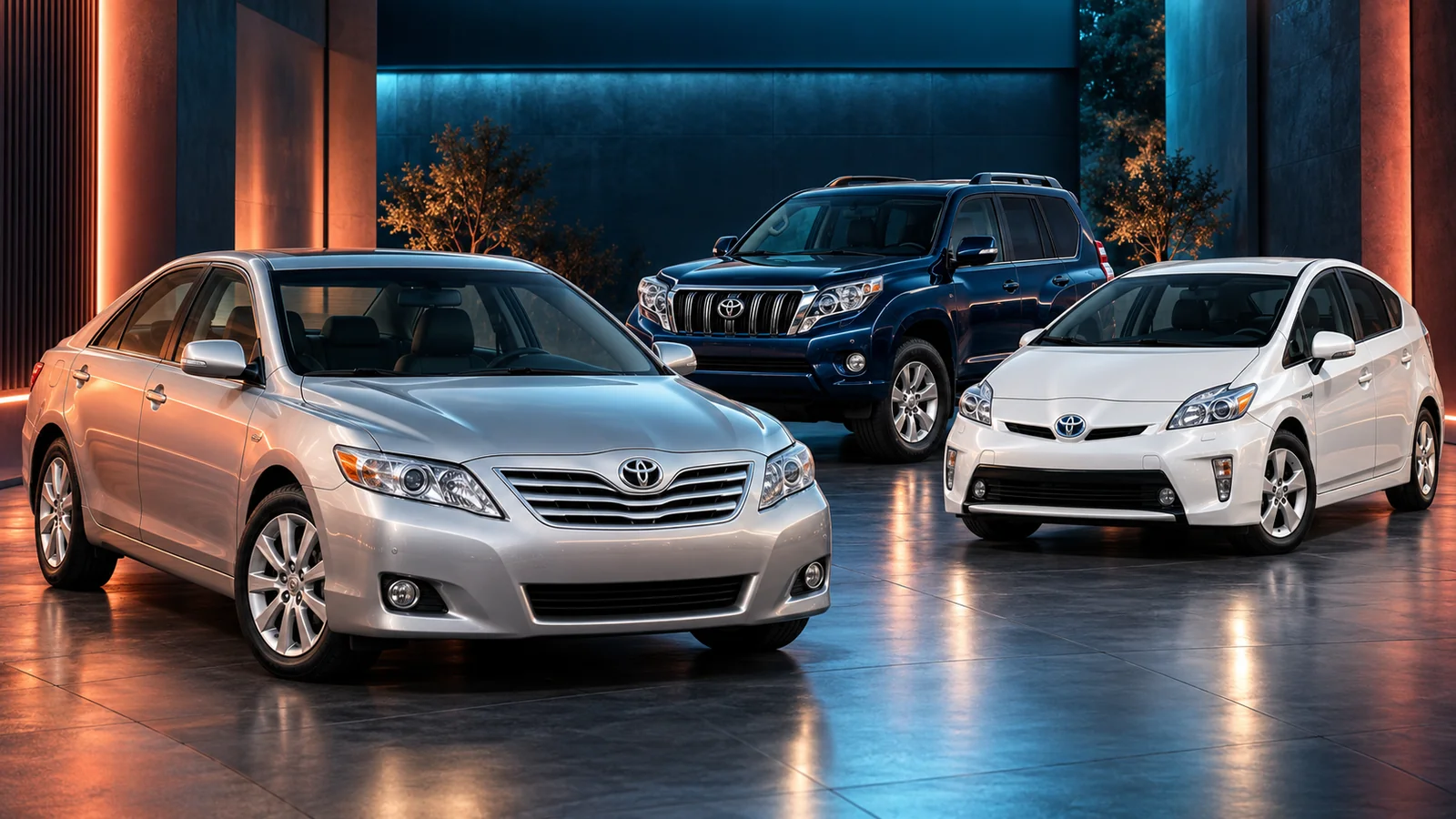 Иллюстрация Toyota прошлых поколений: Camry, Prado и Prius