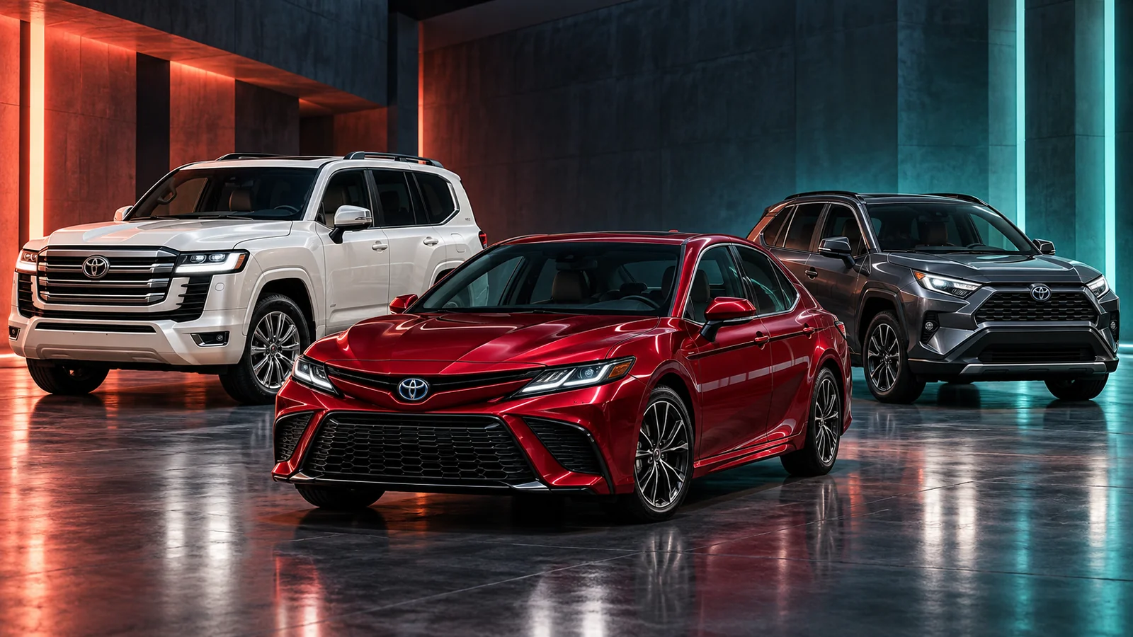 Иллюстрация современных Toyota: Camry, Land Cruiser и RAV4